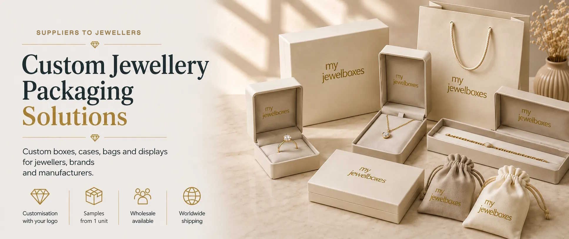 Custom jewellery packaging with boxes, luxury boxes, bags and displays for jewellers and jewellery brands MyJewelBoxes